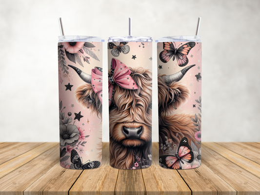 Highland Cow Pink Floral Tumbler