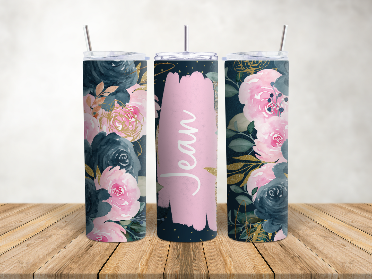 Pink and Navy Flower Personalised Tumbler