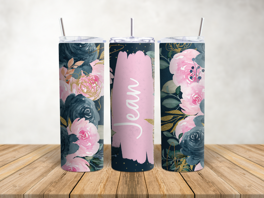 Pink and Navy Flower Personalised Tumbler