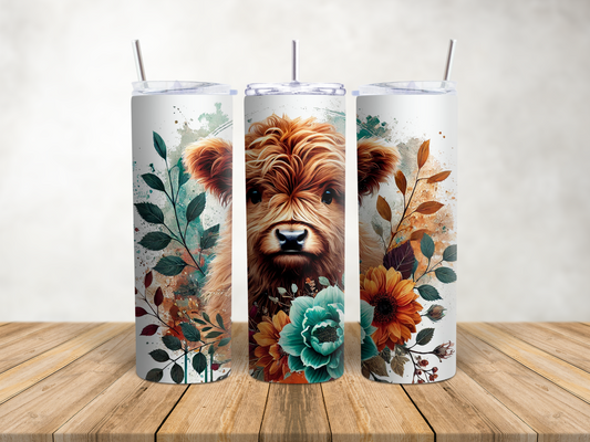 Highland Cow Green and Orange Floral Tumbler
