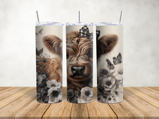 Highland Cow Black and White Bow Tumbler