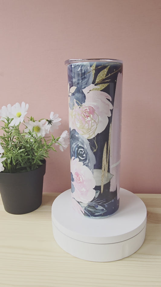 Pink and Navy Flower Personalised Tumbler