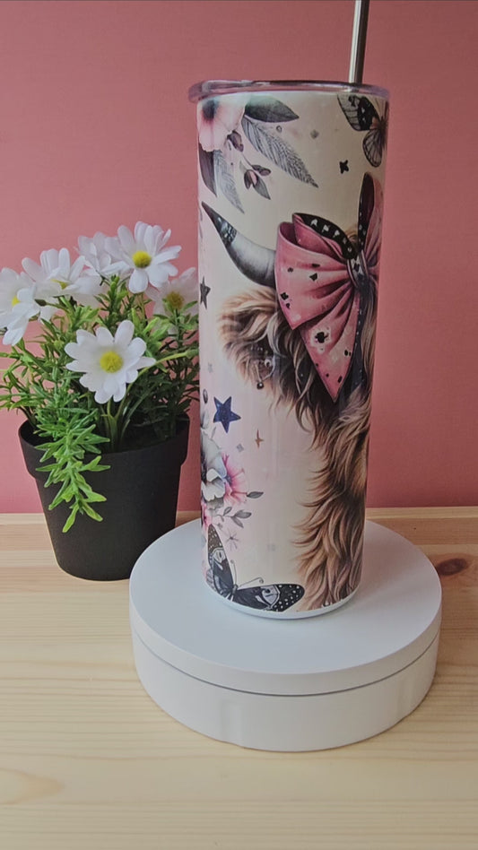 Highland Cow Pink Floral Tumbler